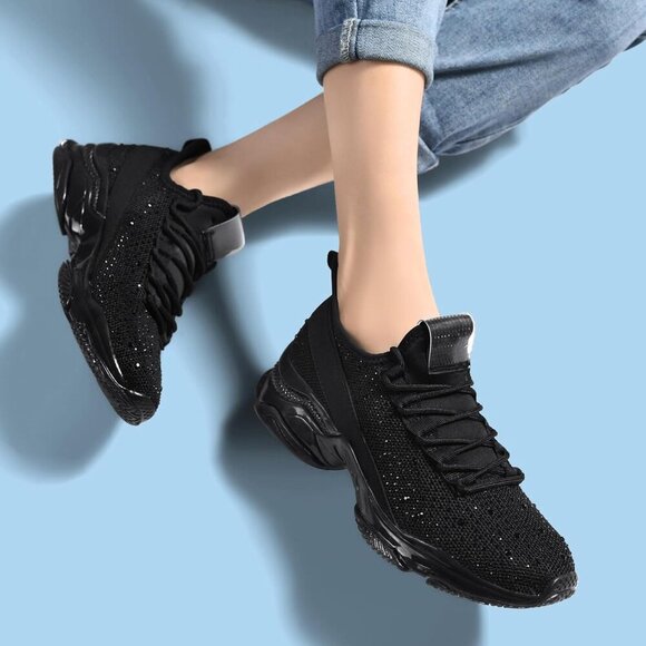 🆕 Women's Rhinestone Mesh Slip-On Walking Shoes Black Fabric Sparkle Glitter - Picture 3 of 9